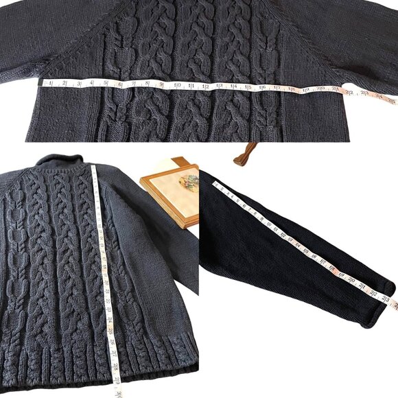 Vtg Yarnworks Black Cable Knit Fisherman Sweater Women's Sz L Chunky Turtleneck - Picture 4 of 5